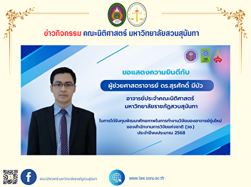 Congratulations to Assistant Professor
Dr. Surasak Meebua, a lecturer at the
Faculty of Law, Suan Sunandha Rajabhat
University, on receiving a grant to
develop the research potential of new
lecturers.
