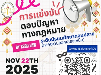 ประกาศรับสมัคร
การแข่งขันตอบปัญหาทางกฎหมาย
ระดับมัธยมศึกษาตอนปลาย
(ภาคตะวันออกเฉียงเหนือ) โดย
คณะนิติศาสตร์
มหาวิทยาลัยราชภัฏสวนสุนันทา