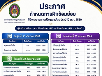 ประกาศสำหรับกำหนดการฝึกซ้อมย่อย
มหาวิทยาลัยราชภัฏสวนสุนันทาโดยตาราง
การแบ่งรอบบัณฑิตซ้อมย่อยที่จะรับพระราชทานปริญญาบัตร
ประจำปี พ.ศ. 2569
สำหรับผู้สำเร็จการศึกษา ประจำปีการศึกษา
2567